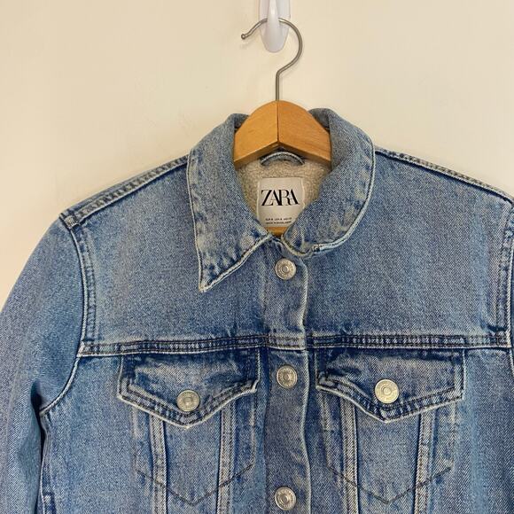 Zara Womens Blue Denim Lined Sherpa Jean Jacket Small Cropped Country Western - Picture 2 of 16